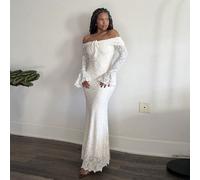 Robe moulante à épaules dénudées, manches longues et nœud devant pour femmes, robe pour le Nouvel An, robe de fête du Nouvel An, robe pour la Saint-Valentin, robe de garden-party, robe blanche de remi