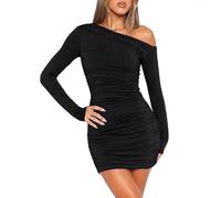 Robe Moulante à Manches Longues pour Femmes Mini Robe de Soirée Sexy Une Épaules Wrap Robe Élégante Bodycon Slim Robe Courte Moulante Robe Chic Et Glamour pour Cocktail Party Fête Club Décontractée