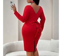 Robe moulante à manches longues pour soirée, date, soirée cocktail, Saint-Valentin, amour/amant. Encolure en cœur, nœud papillon dans le dos et dos ouvert. Taille grande. Motifs cœurs, baisers, câlins