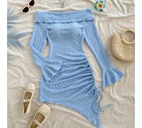 Robe moulante asymétrique avec épaules dénudées, froncée et à cordon coulissant L,M,S,XSUnicoloreTissu tricoté