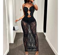Robe moulante en dentelle noire transparente avec boucle métallique romantique, idéale pour les soirées, les boîtes de nuit, la plage et la piscine. Convient pour le début du printemps, le printemps e