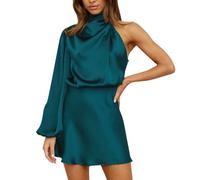 Robe moulante en satin à col montant et manches bouffantes pour femme - Robe de cocktail d'automne, bleu lac, S