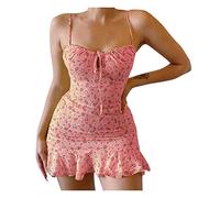 robe moulante femme sexy courte grande taille, robe fleurie courte sans manches sexy à volants bustier robes femmes d été soldes à bretelles fines robes dos nu soiree pas cher mini dress (M)