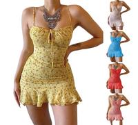 robe moulante femme sexy courte grande taille, robe fleurie courte sans manches sexy à volants bustier robes femmes d été soldes à bretelles fines robes dos nu soiree pas cher mini (Yellow, XL)