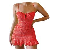 robe moulante femme sexy courte grande taille, robe fleurie courte sans manches sexy à volants bustier robes femmes d été soldes à bretelles fines robes dos nu soiree pas cher mini dress (Red, L)