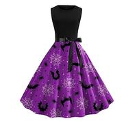 Robe Moulante Femme Sexy Robe Vintage Rockabilly - Deguisement Halloween Grande Taille sans Manches Imprimé Citrouille Taille Haute Vintage Swing Ceinture DéContractéS