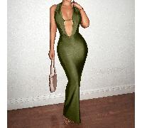 Robe moulante longue à encolure ras-du-cou pour femmes, robe unie, créneaux, nouvelle robe sexy pour le Nouvel An, sortir en club, vacances, tenue de fête. Maxi-robe pour femmes L,M,S,XLUnicoloreTissu