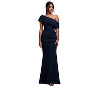 Robe moulante maxi plissÃ©e asymÃ©trique Ã Ã©paule Bardot cintrÃ©e et Ã©vasÃ©e femme Goddiva Bleu 38