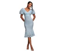 Robe moulante midi cintrÃ©e et Ã©vasÃ©e Ã manches bouffantes en dentelle festonnÃ©e femme Goddiva Bleu 38