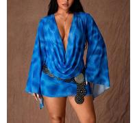 Robe moulante mini à col drapé profond, imprimé léopard en maille, avec manches évasées. Tenue sexy pour soirée, début de l'automne 0XL,1XL,2XL,3XL,4XLTie dyeTissu en tulle