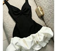 Robe moulante mini à col V sans manches, style Y2K, avec bloc de couleurs, buste froncé et ourlet à bulles contrastant noir et blanc, pour soirée et sortie en club L,M,S,XLUnicoloreÉtoffe