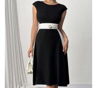 Robe moulante noire élégante en tricot pour femmes, avec manches évasées, col rond et taille cintrée. Une petite robe noire polyvalente et confortable pour le printemps/été L,M,S,XLUnicoloreTissu tric