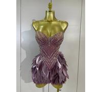 Robe moulante sans bretelles en maille transparente ornée de diamants scintillants, tenue de luxe pour anniversaire, soirée, club de nuit, costume de scène. Violet