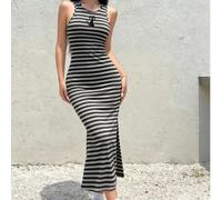 Robe moulante sans manches avec motif de chat noir sur fond rayé noir et blanc. Robe d'été décontractée et sexy avec fente latérale, idéale pour les sorties quotidiennes et les rendez-vous L,M,SRayéTi