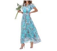 Robe mousseline de soie fleurie femme mi longue fluide robe de soirée grande taille col v robes de mariage invitée ete bohème chic et elegant manche courte boho maxi de cocktail pas cher (Blue, S)