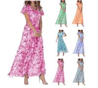 Robe mousseline de soie fleurie femme mi longue fluide robe de soirée grande taille col v robes de mariage invitée ete bohème chic et elegant manche courte boho maxi de cocktail pas cher (XXXL)