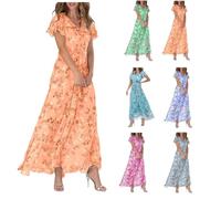 Robe mousseline de soie fleurie femme mi longue fluide robe de soirée grande taille col v robes de mariage invitée ete bohème chic et elegant manche courte boho maxi de cocktail pas cher (Orange, M)