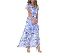 Robe mousseline de soie fleurie femme mi longue fluide robe de soirée grande taille col v robes de mariage invitée ete bohème chic et elegant manche courte boho maxi de cocktail pas (Purple, XL)