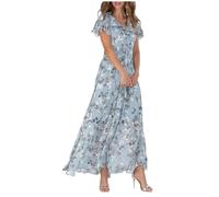 Robe mousseline de soie fleurie femme mi longue fluide robe de soirée grande taille col v robes de mariage invitée ete bohème chic et elegant manche courte boho maxi de cocktail (Light Blue, XXL)