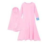 Robe musulmane 2 pièces pour filles avec hijab pour adolescentes, enfants, Ramadan Abaya, robes de prière islamique douces à manches longues et col rond, rose, 7-8 ans