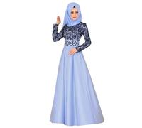 Robe musulmane à manches longues et coutures en dentelle de couleur unie pour femmes, style ethnique du Moyen-Orient Unique
