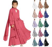 Robe musulmane Abayas à manches longues et col en V en mousseline de soie pour enfants Caftan islamique Robe de prière ouvert sur le devant Vêtements de prière Abaya Caftan pour l'Aïd, Noir , 5-6 ans