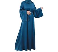 Robe musulmane en satin solide pour femme avec manches épiscopales du Moyen-Orient, Bleu malachite 02, XXL