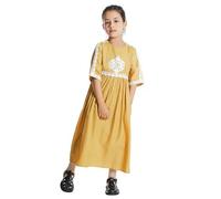 Robe Musulmane Fille - Robe en Dentelle pour Filles Musulmanes Broderie Florale Tenue De Fête pour Enfants D'Asie du Sud-Est Tenue D'Été Et De Printemps pour Enfants De 3 À 15 Ans (Yellow 9-10 Years)