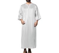 Robe musulmane pour homme - Col en V - Manches courtes - Rayée - Caftan du Moyen-Orient d'Arabie Saoudite - Vêtements islamiques Abaya - Caftan traditionnel - Vêtements de prière pour homme, O blanc