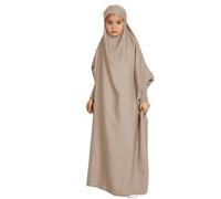 Robe musulmane une pièce pour filles, robe de prière Abaya à manches longues avec hijab en satin décontracté, robe de prière musulmane, vêtements pour filles (x2-kaki, 13-14 ans)