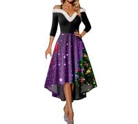 Robe Noël Femme Chic et Elegante Flocon de Neige Robe Mere Noel Robes Pull d'hiver à Manches Longues Tunique boutonnée avec Poches Merry Christmas Dress Déguisements Adultes Pere Noel (Purple-a, XXL)