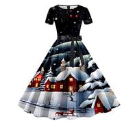 Robe Noël Femme Chic et Elegante Renne Flocon de Neige Arbre La Robe de Noel Midi Robes Cocktail Manches Longues Robes Soirée Fête Affaires Merry Christmas Dress Déguisement Mère Noël (Z3 Noir,S)