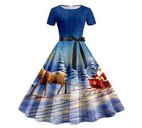 Robe Noël Femme Chic et Elegante Renne Flocon de Neige Arbre Robe Moche de Noel Robes Cocktail Vintage Rockabilly Robes Manches Longue Col Carré Rétro Christmas Dress Déguisement Pere (Z3 Bleu,M)