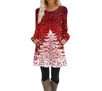 Robe Noel Femme Chic et Elegante Robe Pull Casual Imprimé Noël Col Rond Manches Longues Robe de Noël Femme Swing Plissé A-Line avec Poches,f1016y,Blanc,3XL