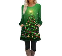Robe Noel Femme Chic et Elegante Robe Pull Casual Imprimé Noël Col Rond Manches Longues Robe de Noël Femme Swing Plissé A-Line avec Poches,f1049y,Fluorescent Green,XL