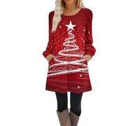 Robe Noel Femme Chic et Elegante Robe Pull Casual Imprimé Noël Col Rond Manches Longues Robe de Noël Femme Swing Plissé A-Line avec Poches,f1073y,Vermilion,XL