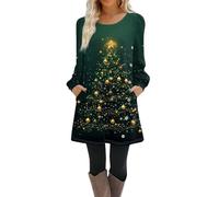 Robe Noel Femme Chic et Elegante Robe Pull Casual Imprimé Noël Col Rond Manches Longues Robe de Noël Femme Swing Plissé A-Line avec Poches,f1027y,Vert Armée,XXL