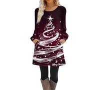 Robe Noel Femme Chic et Elegante Robe Pull Casual Imprimé Noël Col Rond Manches Longues Robe de Noël Femme Swing Plissé A-Line avec Poches,f1077y,vin,M