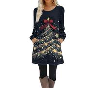 Robe Noel Femme Chic et Elegante Robe Pull Casual Imprimé Noël Col Rond Manches Longues Robe de Noël Femme Swing Plissé A-Line avec Poches,f1051y,Or,XXL