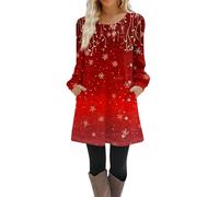 Robe Noel Femme Chic et Elegante Robe Pull Casual Imprimé Noël Col Rond Manches Longues Robe de Noël Femme Swing Plissé A-Line avec Poches,f984y,Or,L