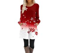 Robe Noel Femme Chic et Elegante Robe Pull Casual Imprimé Noël Col Rond Manches Longues Robe de Noël Femme Swing Plissé A-Line avec Poches,f1000y,Rouge,S