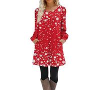 Robe Noel Femme Chic et Elegante Robe Pull Casual Imprimé Noël Col Rond Manches Longues Robe de Noël Femme Swing Plissé A-Line avec Poches,f1020y,Watermelon Red,L