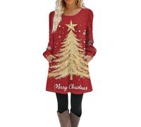 Robe Noel Femme Chic et Elegante Robe Pull Casual Imprimé Noël Col Rond Manches Longues Robe de Noël Femme Swing Plissé A-Line avec Poches,f1066y,Rouge,S