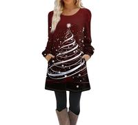 Robe Noel Femme Chic et Elegante Robe Pull Casual Imprimé Noël Col Rond Manches Longues Robe de Noël Femme Swing Plissé A-Line avec Poches,f1042y,Rouge Foncé,S