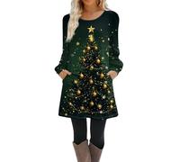 Robe Noel Femme Chic et Elegante Robe Pull Casual Imprimé Noël Col Rond Manches Longues Robe de Noël Femme Swing Plissé A-Line avec Poches,f1037y,Vert Foncé,XL