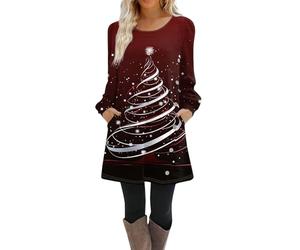 Robe Noel Femme Chic et Elegante Robe Pull Casual Imprimé Noël Col Rond Manches Longues Robe de Noël Femme Swing Plissé A-Line avec Poches,f1042y,Rouge Foncé,S