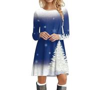 Robe Noël Femme Chic et Elegante Rudolph Renne Elfe Robe Coton Noel Robes de Soirée Rockabilly Vintage Années 50 Manches Longues Merry Christmas Dress Déguisement Sexy Mère Noël (1-Sky Blue, XL)