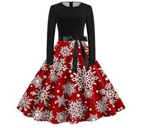 Robe Noël Femme Chic, Robe Longue Hiver Femme, Robes Vintage Rockabilly Classique Elegant Swing Déguisement Mere Moche Mignon Imprimer Deguisement Mariage Cérémonie Hiver Robes Au Genou Décontractée