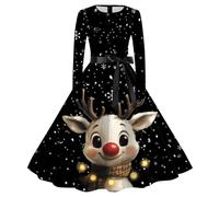 Robe Noël Femme Chic Robe Moche Imprimée Noël Robes Bonhomme de Neige Grande Taille Robes Noel Femme Chic et Elegante à Manches Longues Col Rond Coupe Ajustée Trapèze Cocktail Soirée Fête Cérémonie