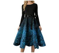 Robe Noel Femme Cocktail Robe Femme Chic Et Elegant Soiree à Manches Longues Paillettes Impression Robes Tunique Vintage Années 50 Rockabilly Classique Taille Haute Noël Vêtements au Genou Midi